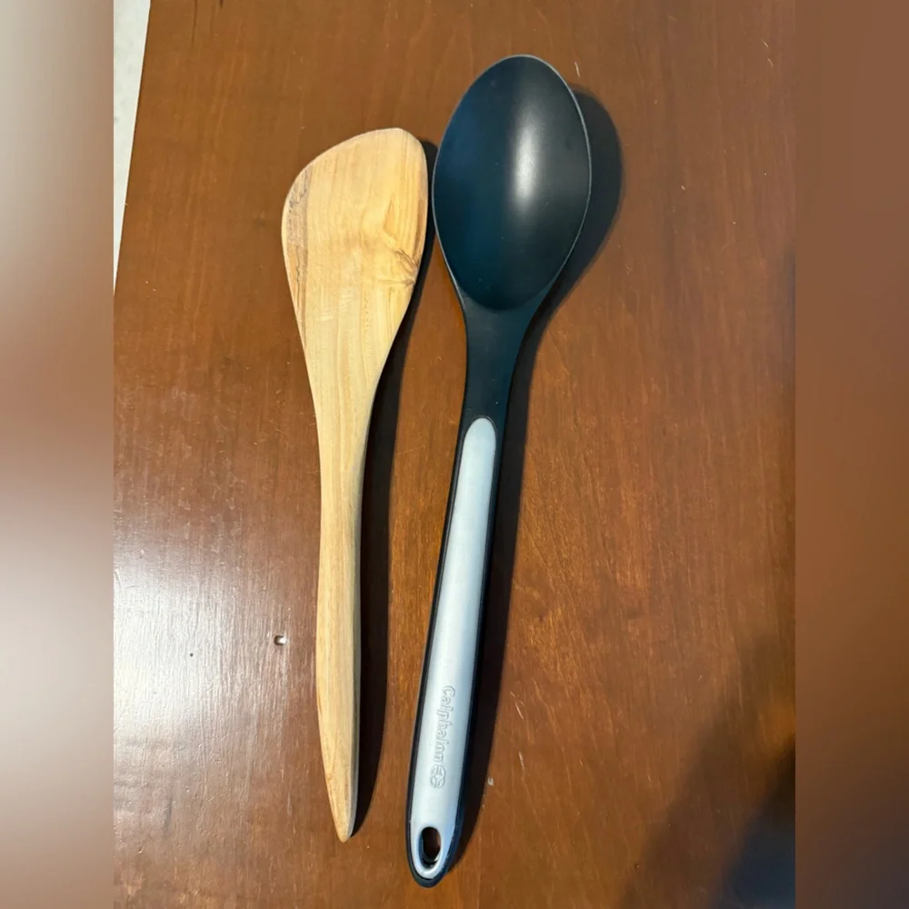 Calphalon Black and Silver Spoon with Tan Wooden Spatula